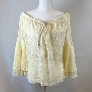 Elegant Boston Proper Off-the-Shoulder Lace Blouse Cream Bell Sleeves Lined